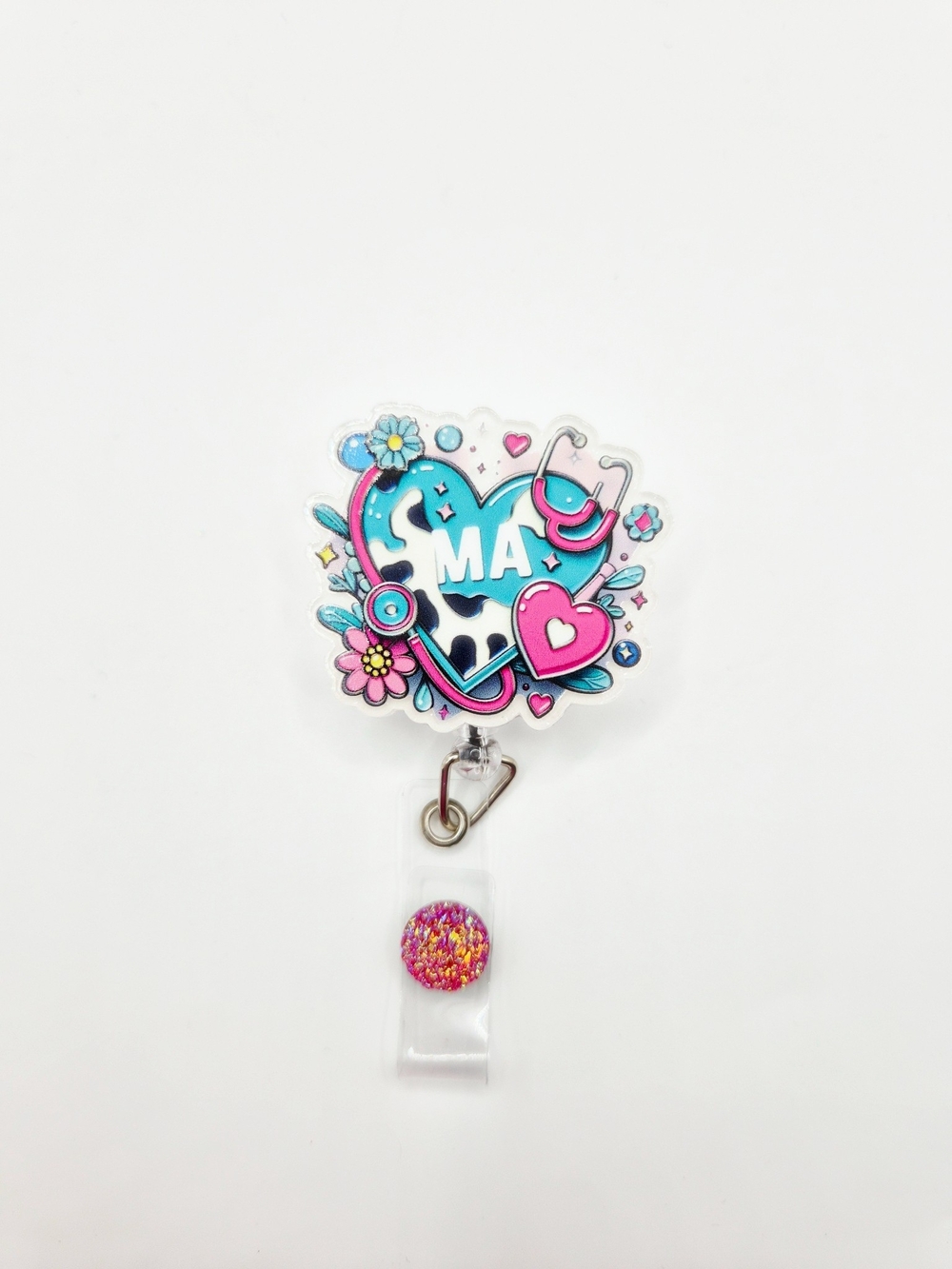 MA Medical Assistant Heart Stethoscope Badge Reel -Alligator Clip Blue & Pink